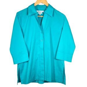Foxcroft Pinpoint Essential Popover Shirt Button Flowy 3/4 Sleeve Blue Green 8